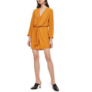 Topshop Tiffany Knot Mustard Yellow Mini Dress Front Tie V Neck Bell Sleeve